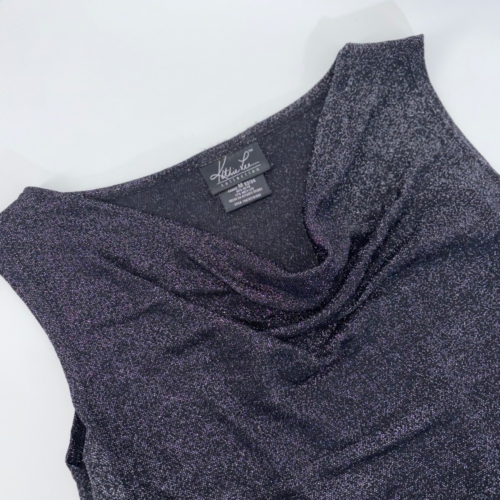 Kathie Lee Collection Black Silver Metallic Cowl Neck Shimmer Sleeveless Top M‎